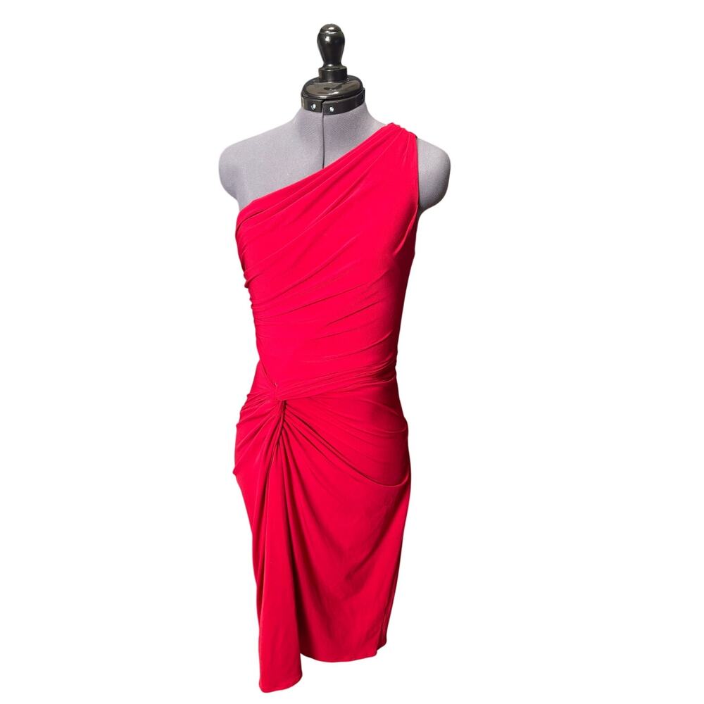 Maggy London One Shoulder Red Dress Sz 2 Waterfall Front Cocktail / Occasion